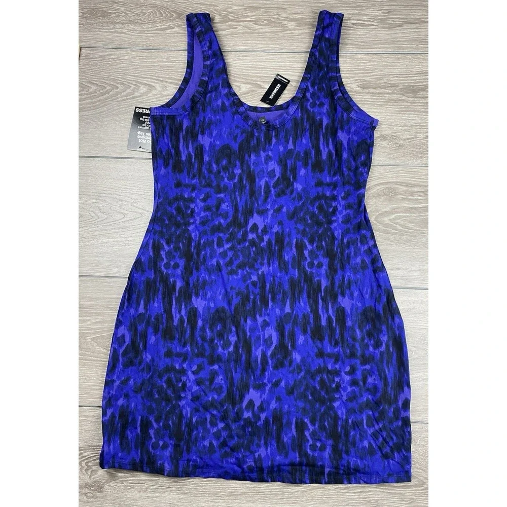 Express Women's Sleeveless Leopard Print‎ Mini Dress Tank Blue Black Large New